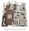 Two bedroom, two bathroom three-dimensional floor plan layout. One bedroom has an on-suite. Both bedrooms are on the right side of the floor plan.